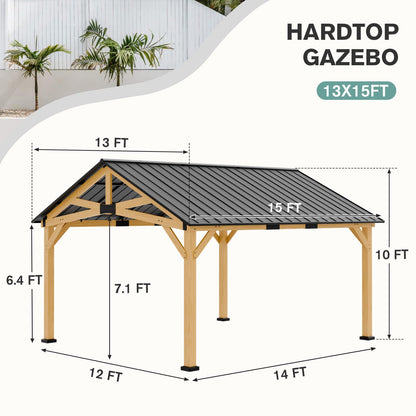 COOS BAY 13x15 Hardtop Gazebo with Cedar Wood Frame, Post-and-Beam Gazebo Shelter, Galvanized Steel Gable Roof Outdoor Pavilion for Garden, Lawn, Poolside, Patio, Deck, Natural Wood/Black