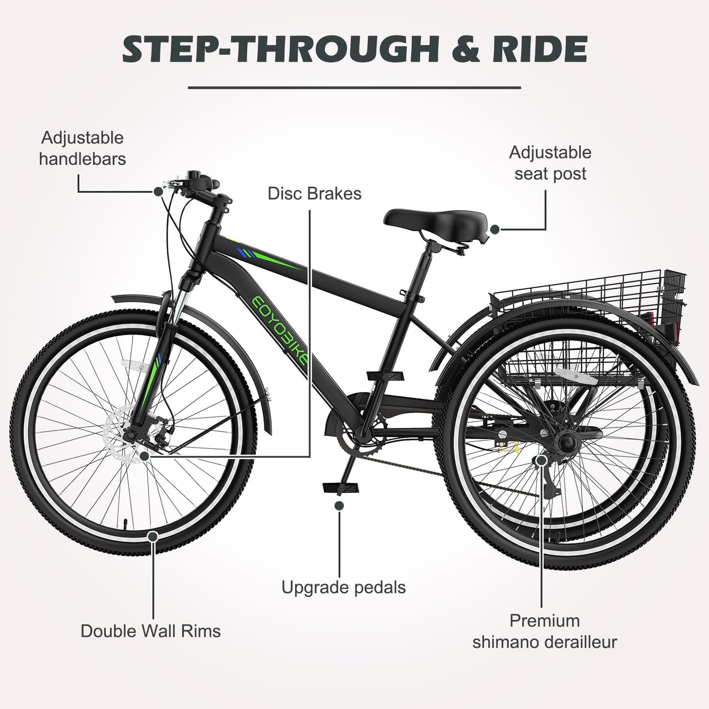 ABORON Adult Mountain Tricycle, 7-Speed 3-Wheel Mountain Bikes 24/26/27.5inch Available, Front Suspension, Disc Brake