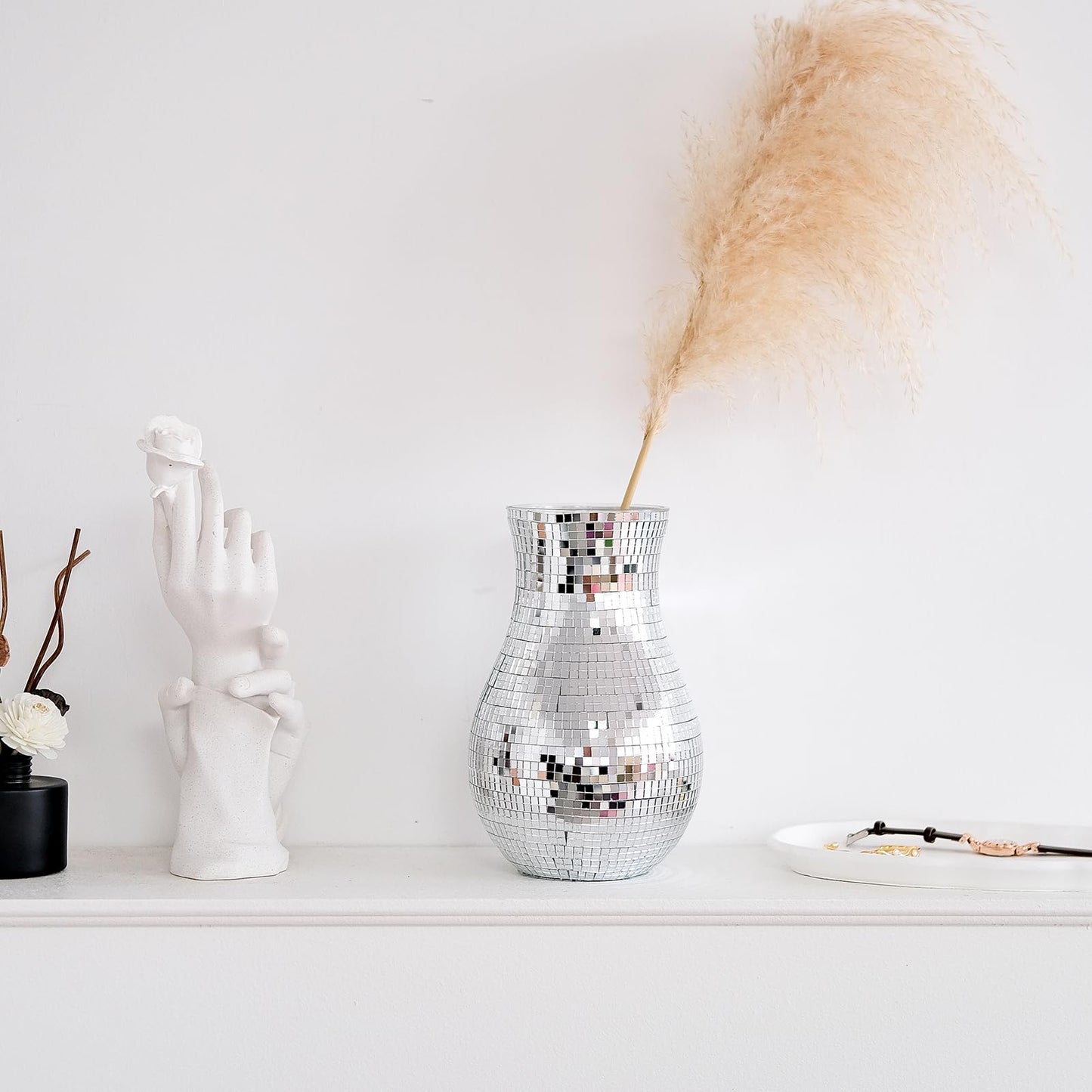 8.7" Disco Ball Flower Vase - Silver Mirrored Mosaic Vase for Centerpieces, Retro 70s Party Decor, Unique Funky Reflective Floral Container for Home, Wedding & Living Room Aesthetics
