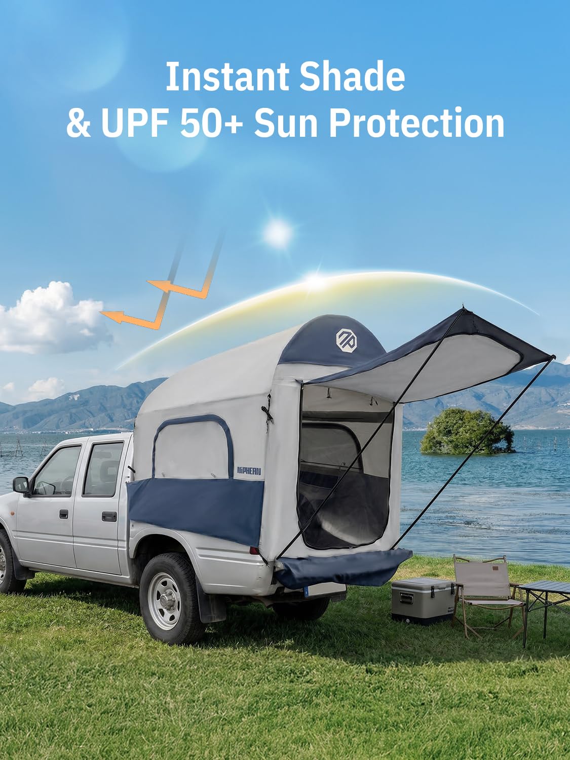 Niphean Truck Bed Tent 5ft with Awning Shade, 2 Mins Fast Setup Inflatable Pickup Truck Tent, for 2 People, PU 3000mm Waterproof, UPF 50+ Sunproof & High-Strength Windproof, Camp Anywhere You Park
