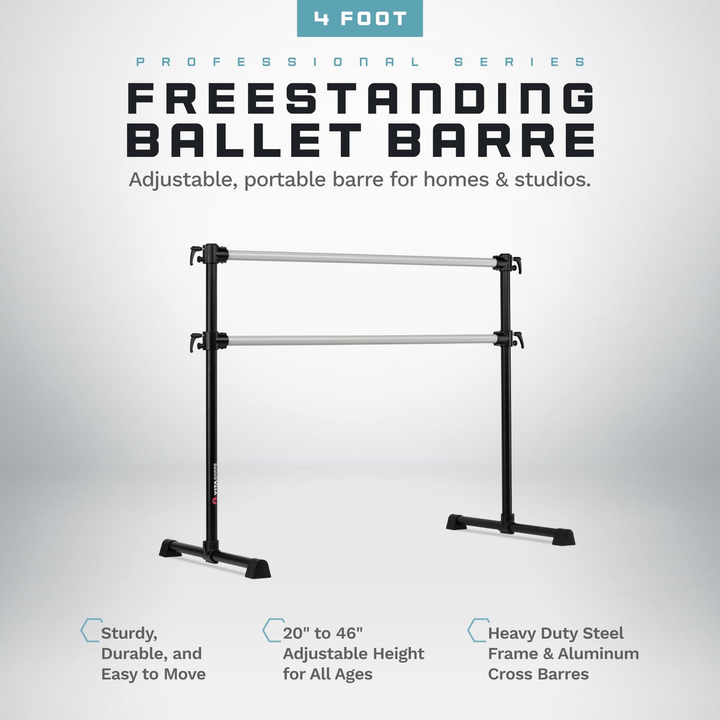 VITA Barre Portable Freestanding Double Ballet Barre, Professional, 4 Ft Bars, Black, Aluminum | Adjustable Height, Made in USA, Home or Gym Exercise Equipment for All Ages | Dance, Fitness, Pilates