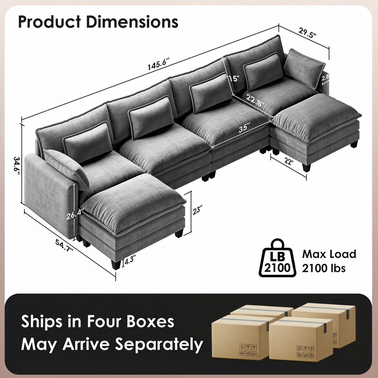 Marsail Modular Sectional Sofa 145.6" U-Shaped Modern Comfy Cloud Couch, 6-Seat Chenille Deep Seat Sofa with Throw Pillow & Movable Ottoman for Living Room, Bedroom and Apartment, Grey