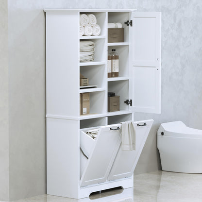 Merax Tall Storage Cabinet with Door and Open Shelf, Multi-Functional Laundry Hamper Basket for Home Bathroom, Laundry Room, White