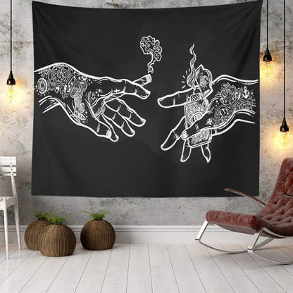 White and Black Floral Hands Wall Tapestry, Funny Creative Hippie Boho Art Decor for Bedroom