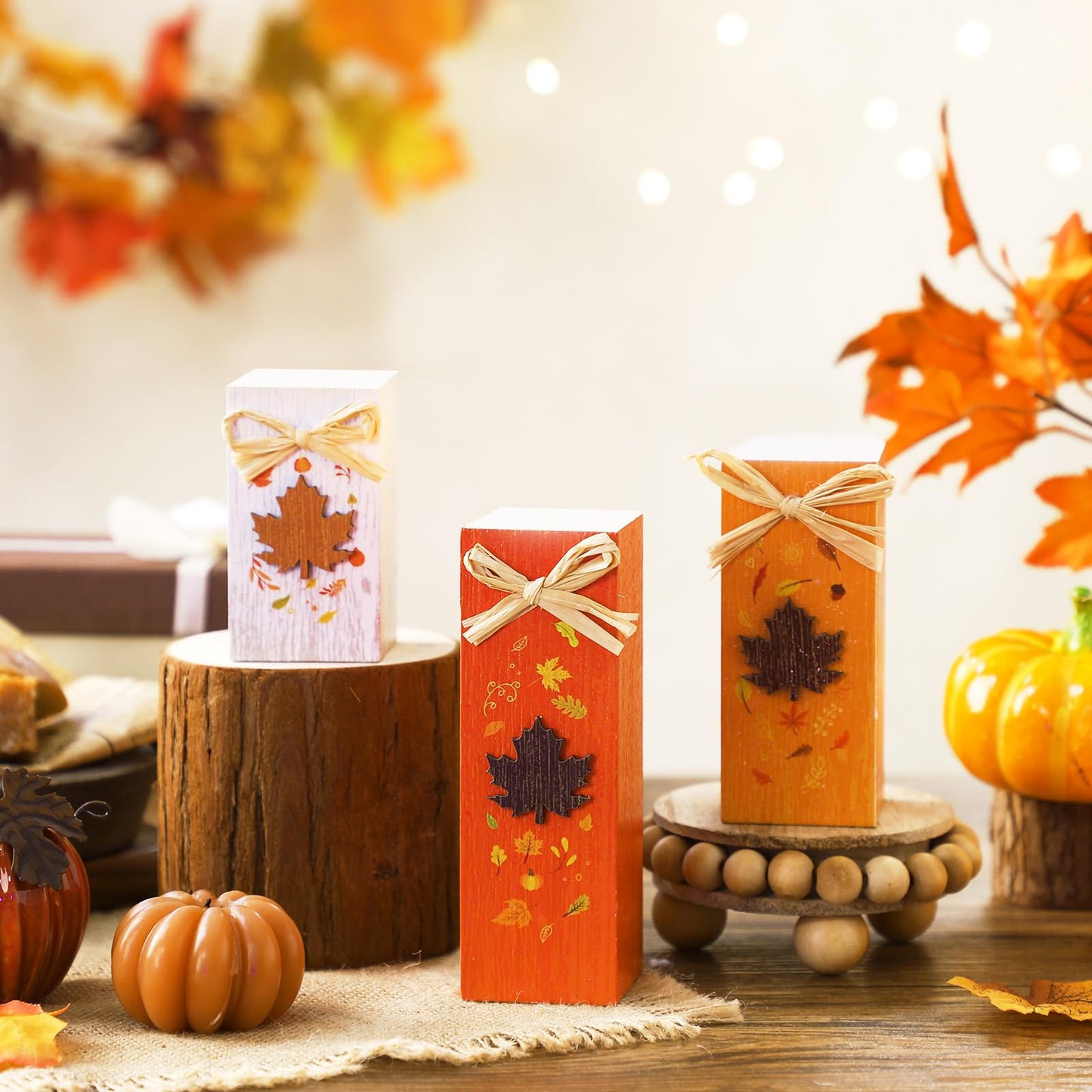 BBTO 3 Pcs Fall Wooden Table Decor Fall Tabletop Block Sign Farmhouse Thanksgiving Table Centerpiece Tiered Tray Decor for Autumn Harvest Home