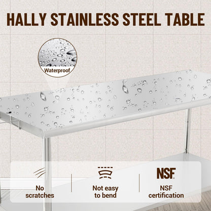 Garvee Heavy Duty NSF Stainless Steel Prep Table – 72x30x35in Commercial Workstation with Adjustable Undershelf, Removable Trash Rack, 08 Curved Edge, No Casters, No Backstop – Perfect for Kitchen