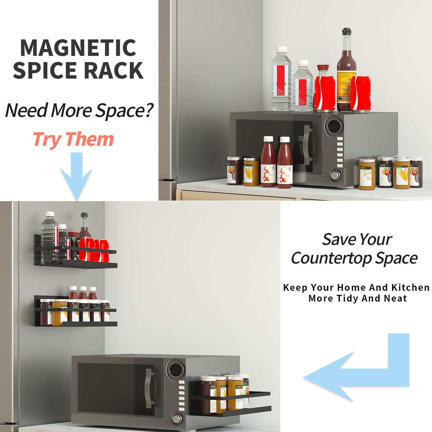 YJSMO 2 Pack Magnetic Spice Rack for Refrigerator,Heave Duty Magnetic Shelf For Kitchen,Magnet Book Shelf For Whiteboard,Space Container,Drill free (Black)