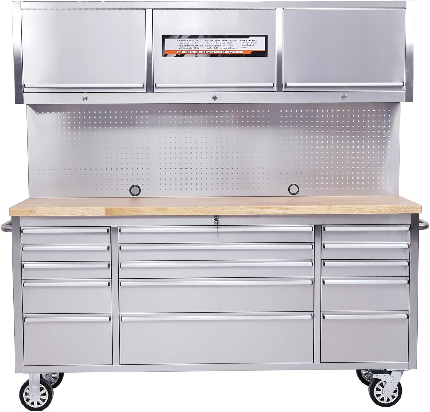 72 Inch Garage Tool Cabinet with 15 Drawers, Garage Workbench/Storage Cabinet, Rolling Toolbox Stainless Steel Tool Bench with Locking System, Metal Construction, Workshop/Garage/Home