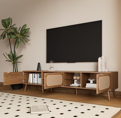 Merax 78 Inch TV Stand for Tvs up to 85", Mid Century Modern Entertainment Center with Storage, Solid Wood Media Console TV Cabinet Table with 3 Rattan-Front Drawer for Living Room