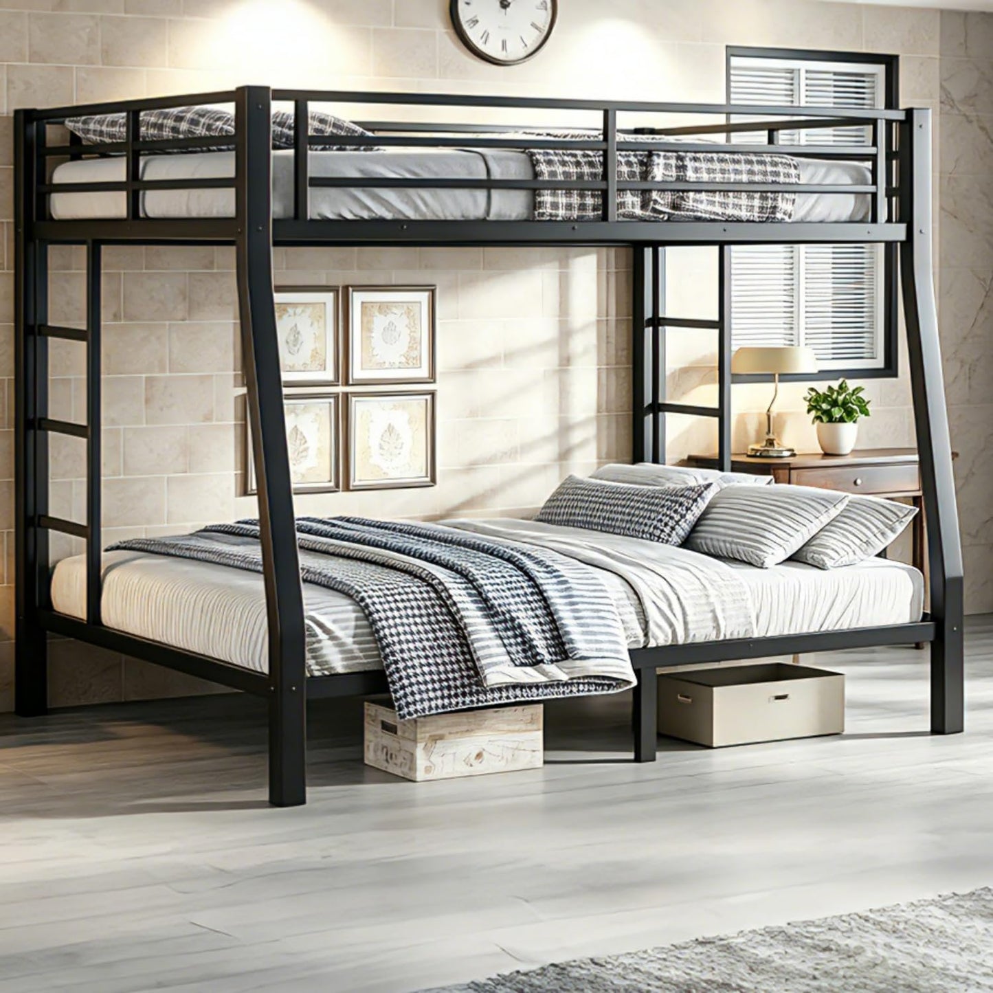 Bellemave Full XL Over Queen Bunk Bed with High Guardrail & Under-Bed Storage, Heavy Duty Metal Bunk Beds Frame with 2 Side Ladders, Full Over Queen Bunk Bed for Adults, No Box Spring Needed, Black