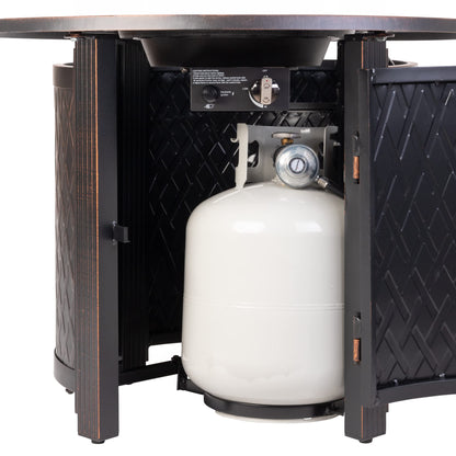 Fire Sense 62988 Wagner Woven Aluminum Convertible Gas Fire Pit Table 37,000 BTU Multi-Functional Outdoor with Fire Bowl Lid, Nylon Weather Cover & Clear Fire Glass - Bronze Finish - Round - 34"