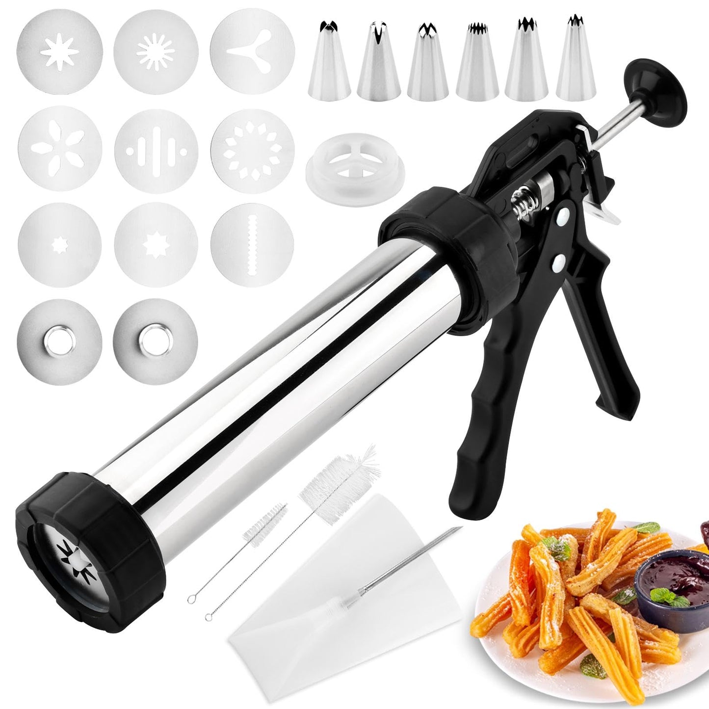 3-in-1 Stainless Steel Churros Maker Machine – Multifunctional Cookie Press with Piping Bag, Nozzles & Discs