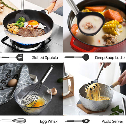 MIBOTE Silicone Kitchen Utensils Set, Cooking Utensils Set with Heat Resistant BPA-Free Silicone and Stainless Steel Handle Kitchen Tools Set (Black)