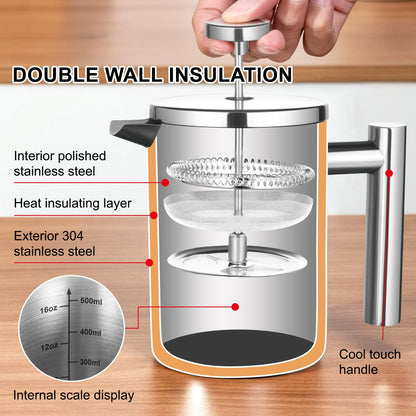 FrutPunch French Press Coffee Maker with Scale, 304 Stainless Steel French Press, 17OZ, Double-Wall Insulated, Food Grade, Suitable for Kitchen and Travel Camping