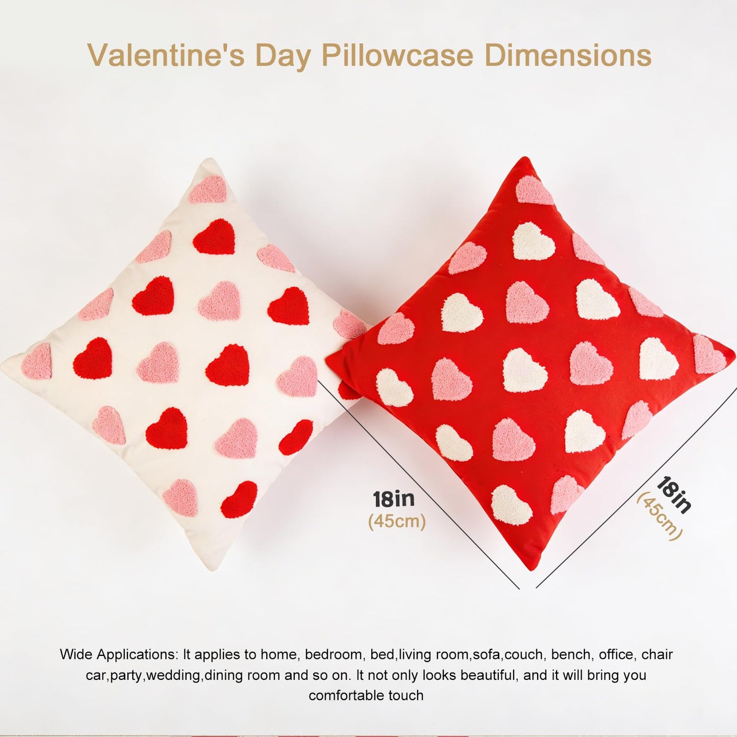 Valentine‘s Day Throw Pillow Covers Set of 2, 18x18 Inch (45x45cm) - White & Red Love Heart Embroidery Decorative Cushion Covers for Couch Sofa Bedroom, Valentine’s Gift for Her, Couples, Anniversary