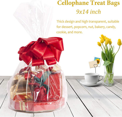 Morepack Cello Cellophane Treat Bags,200 PCS Clear Pastic Gift Bags with Twist Ties,Party Favor Bags (9"x14")