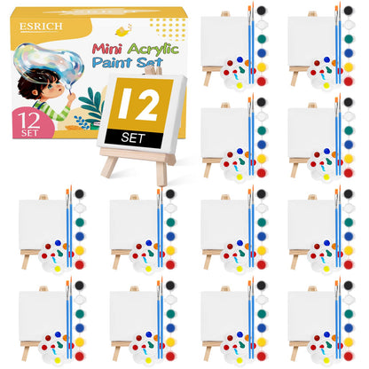 ESRICH 12 Set Mini Acrylic Paint Kit, Minis Stretched Canvas with Easel, Acrylic Paint Strips, Palettes, Painting Brushes, Mini Canvas and Easel Set for Kids Artists Beginner,Gift