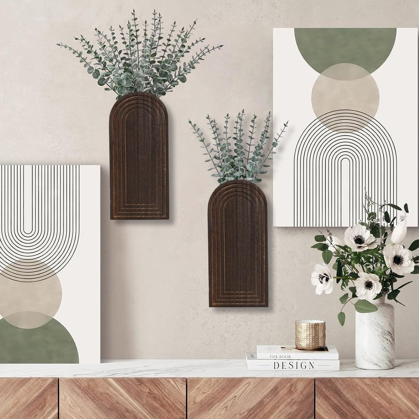 Dnnnii 2 Pack Wooden Wall Vase Set - Dark Brown Finish Modern Farmhouse & Boho Wall Decor for Entryway, Hallway, Bathroom, Living Room, Dining Room, Narrow Spaces