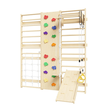 Cofiyard 9-in-1 Swedish Ladder Wall Gym & Climber, 94.5'' Wooden Wall-Mounted Climbing Set with Double-Sided Slide, Swing, Rope, Rings, Monkey Bars, Kids Indoor Playset, Wooden Climbing Jungle Gym