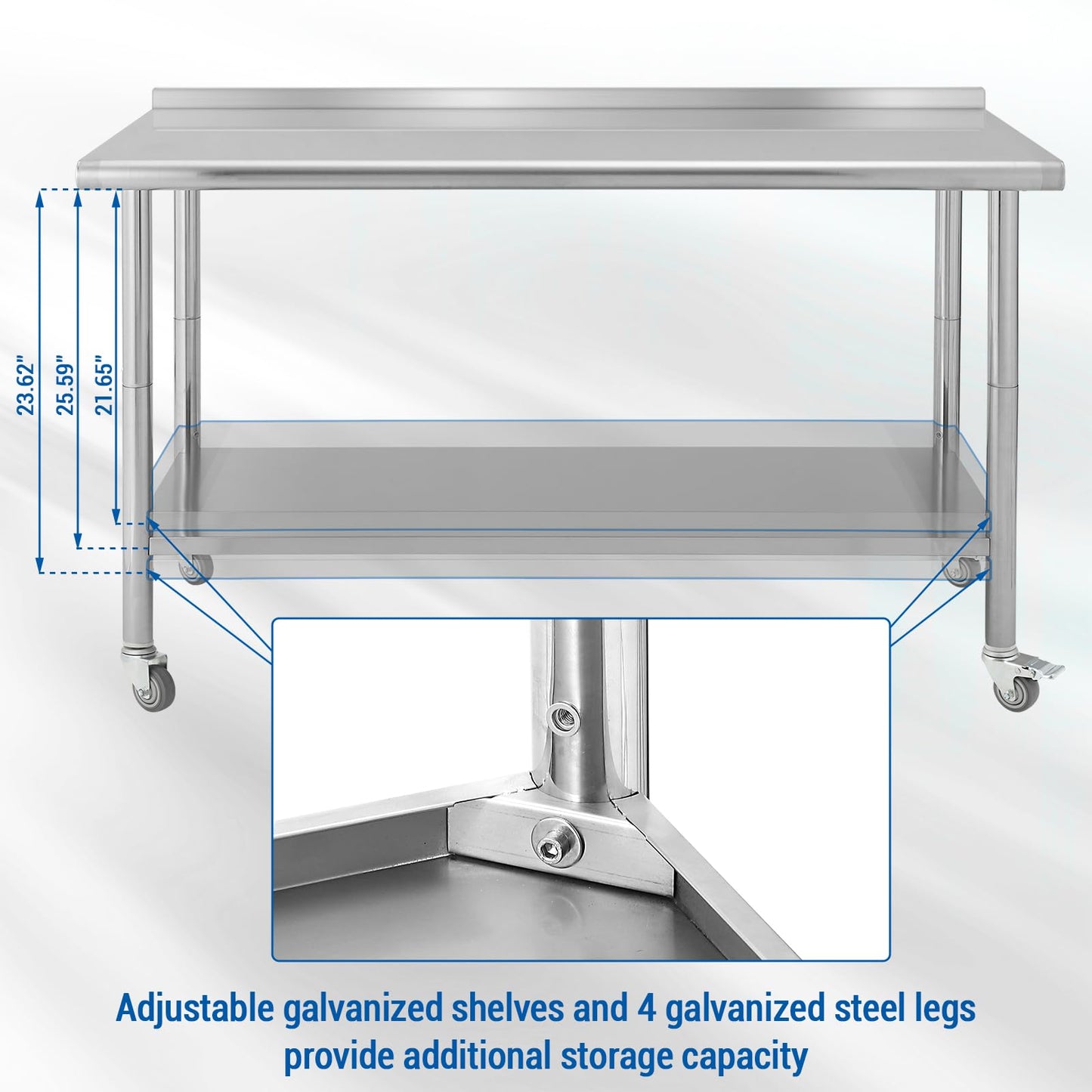 NSF Certified 60" x 24" Stainless Steel Work Table with Caster Wheels - Heavy Duty Prep Station with Adjustable Undershelf & Rear Backsplash - Mobile Commercial Kitchen Table for Restaurant, Garage &