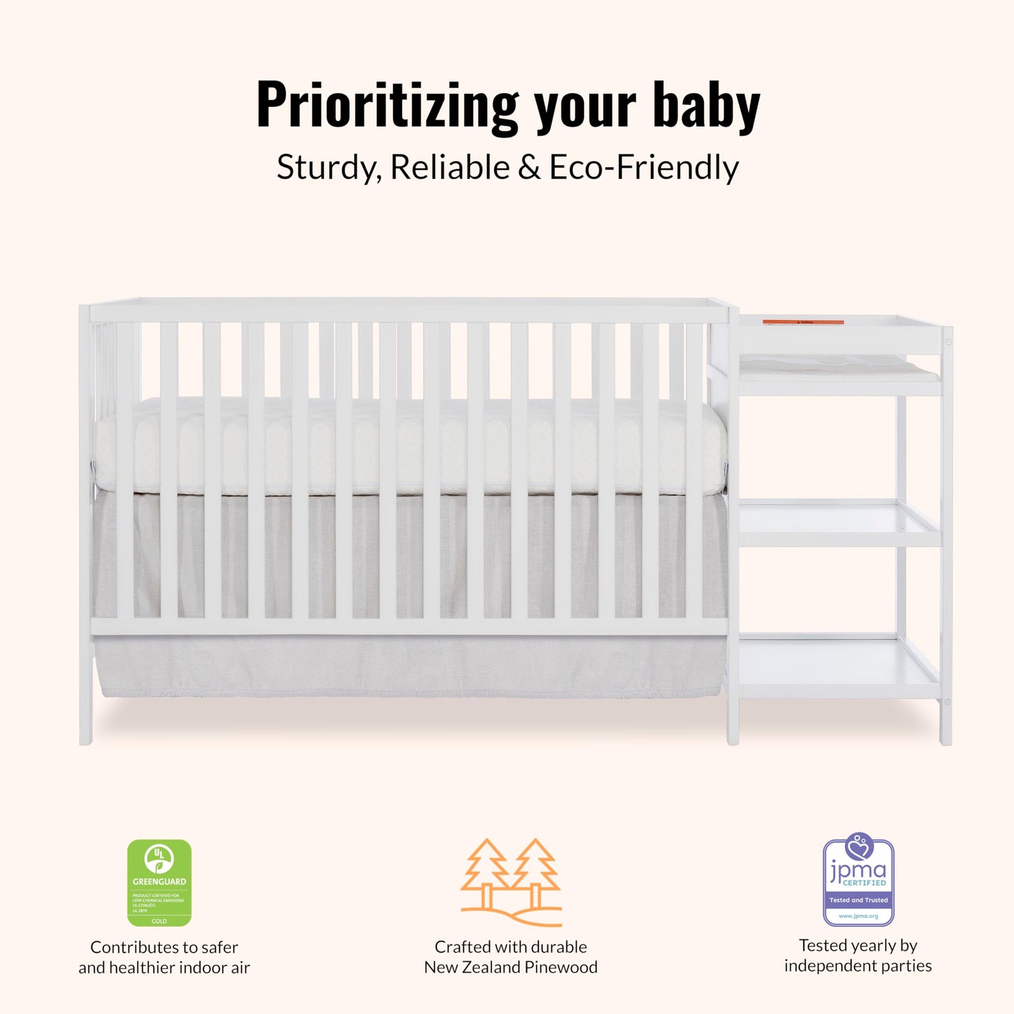 Dream On Me Synergy 3-in-1 Convertible Full-Size Baby Crib & Changer, White, Open Storage, GreenGuard Gold & JPMA, Pinewood, Converts to Day & Toddler Bed, 4 Mattress Heights, 1″ Changing Pad,