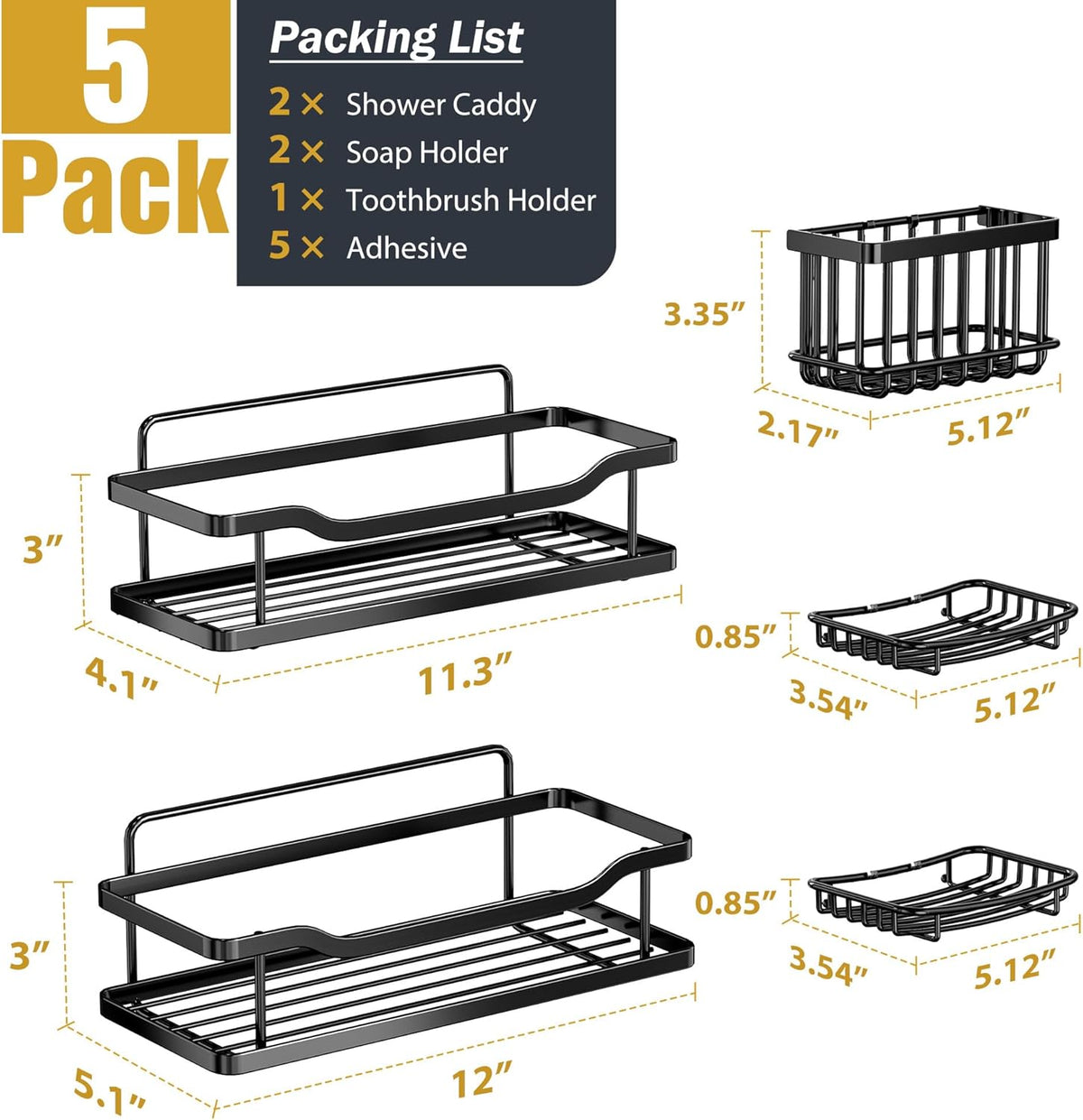 OMAIRA Shower Caddy - 5-Pack No-Drill Rustproof Organizer with Soap Holder | X-Large Black for Smooth Walls