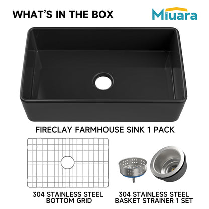Miuara Black Farmhouse Sink 33 Inch - Large Apron Front Kitchen Sink Single Bowl 33"x18", Undermount Farm House Style, Heavy Duty Solid Fireclay, Matte Black, for Kitchen