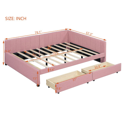 Merax Upholstered Daybed with 2 Storage Drawers, Full Size Sofa Bed Frame, No Box Spring Needed, Linen Fabric, Pink