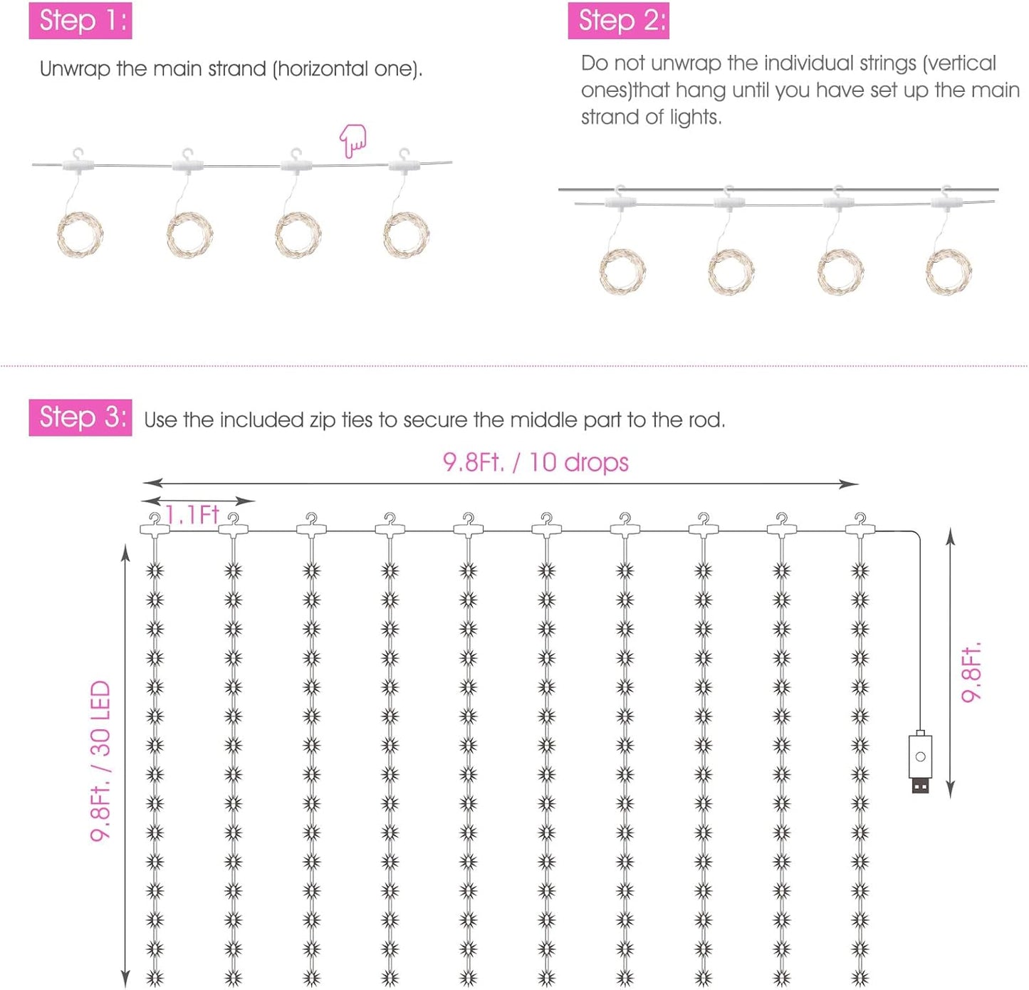 Minetom 300 LED Curtain Lights - Dimmable Fairy String Lights with Remote & Timer | Pink Indoor Decor