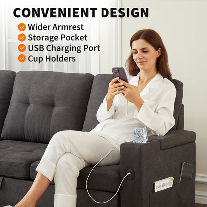 GarveeLife Couches for Living Room, 84'' L-Shaped Sectional Sleeper Sofa with Pull Out Bed, Comfy Sofa Bed with Charging Ports and Storage Armrests, Dark Grey
