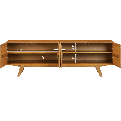 NTC Sapa Mid-Century Modern Solid Wood TV Stand 4-Door Media Console with Carved Geometric Fronts for TVs up to 75", Effortless Assembly, Teak Look