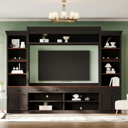 Merax Minimalist Entertainment Wall Unit Set with Ample Storage Space and Adjustable Shelves, TV Stand for Televisions Up to 70'', Mid-Century Large Media Console with Wine Rack for Living Room, Black