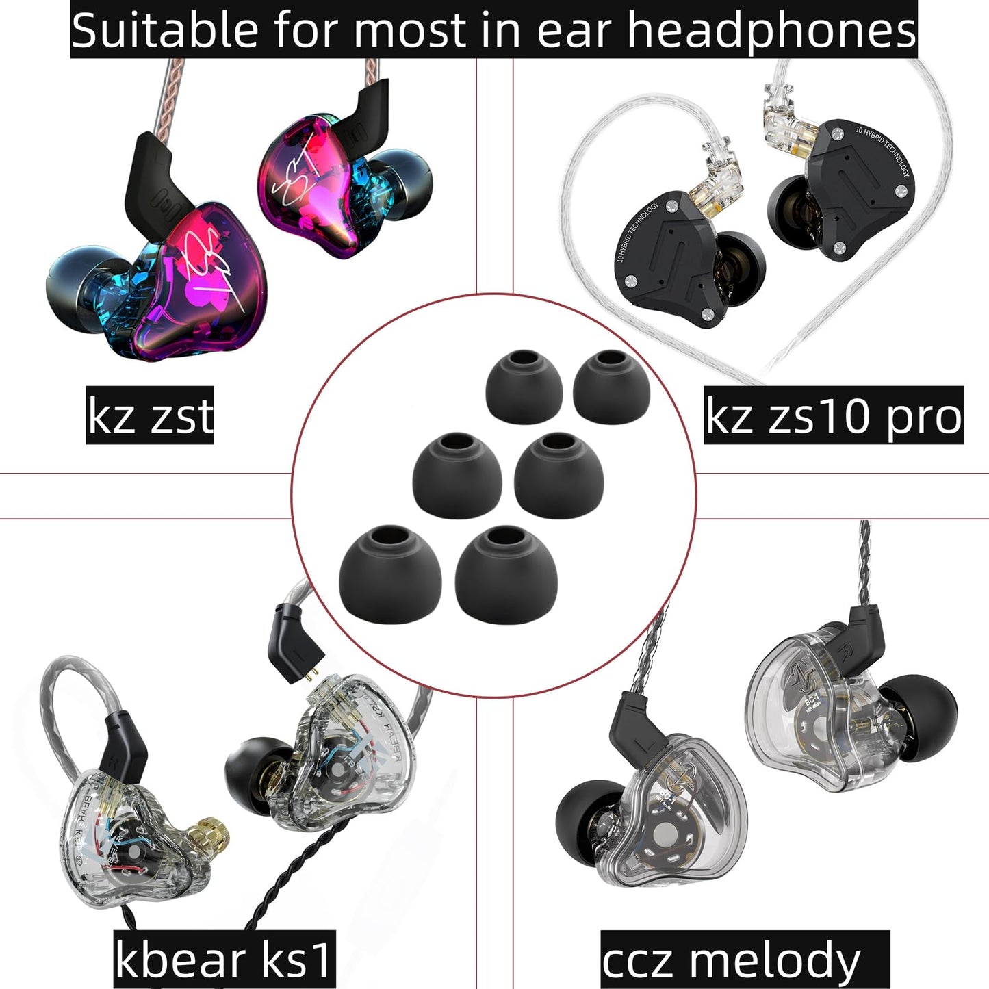 CCZ ZT01 24 PCS/12 Pairs Earbud Tips, KZ ZS10 PRO IEM Eartips, Replacement in Ear Monitor Rubber Tips for ZSN PRO X, EDX PRO, ZAS, KBEAR KS1, KS2, CCZ Melody, DC01 PRO, DC02, MC02,DC03 (Black, S/M/L)