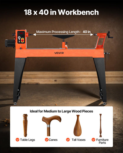 VEVOR 2 HP Wood Lathe, 18 x 40 Inches, 150–3200 RPM Variable Speed, Brushless DC Motor, Cast Iron Body, Tool Rest