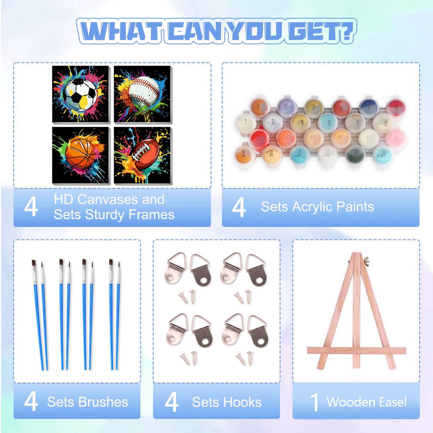 bleihum 4 Pack Paint by Numbers Kit for Kids with Frame Wooden Easel, Easy Paint by Number Kids Sports, DIY Acrylic Oil Football Painting by Numbers for Home Wall Decor 8x8 Inch