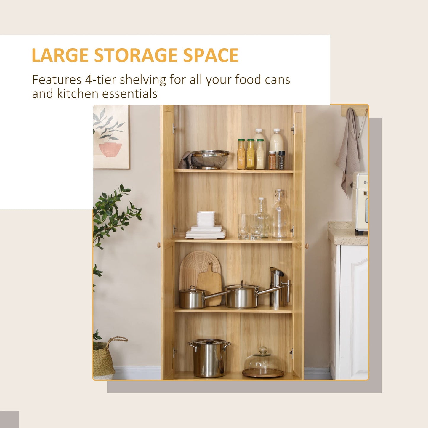 HOMCOM 67" Pinewood Kitchen Pantry Storage Cabinet, Freestanding Cabinets with Adjustable Shelves, Solid Wood Food Pantry with Soft-Close Doors for Living Room Dining Room, Light Brown