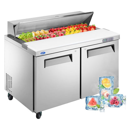 kalifon 48" W 2 Door Refrigerator Sandwich Salad Prep Table Commercial Stainless Steel Fan Cooling Refrigerator with Cutting Board, 2 Shelves & 18 Pans for Restaurant, Bar, Shop-12.9 Cu.ft