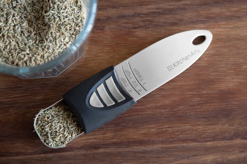 KitchenArt Stainless Steel Pro Sliding Adjust-A-Tablespoon and Teaspoon, Adjustable Measuring Spoon Set