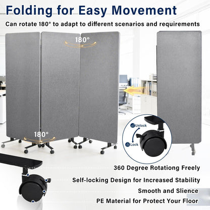 72" X 66" Partition Room dividers, 3 Panel Sound Proof Dividers for Office Partitions, Room Divider Privacy Panel with Wheels, Portable Temporary Wall for Office, Studio, School, Hospital(Light Gray)