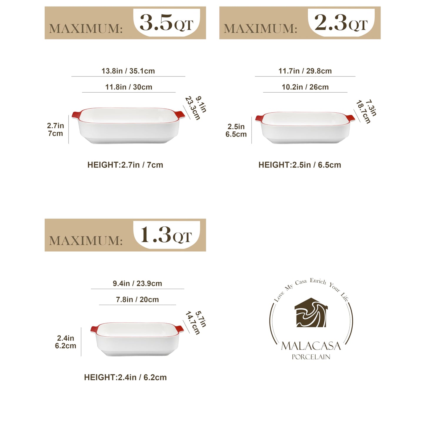 MALACASA Casserole Dishes for Oven, Ceramic Baking Dishes Set of 3, Rectangular Lasagna Pan Deep Baking Pans, Bakeware Sets with Handles Gift Set, White with Red Trim (13.8''/11.7''/9.4''), Series BAKE