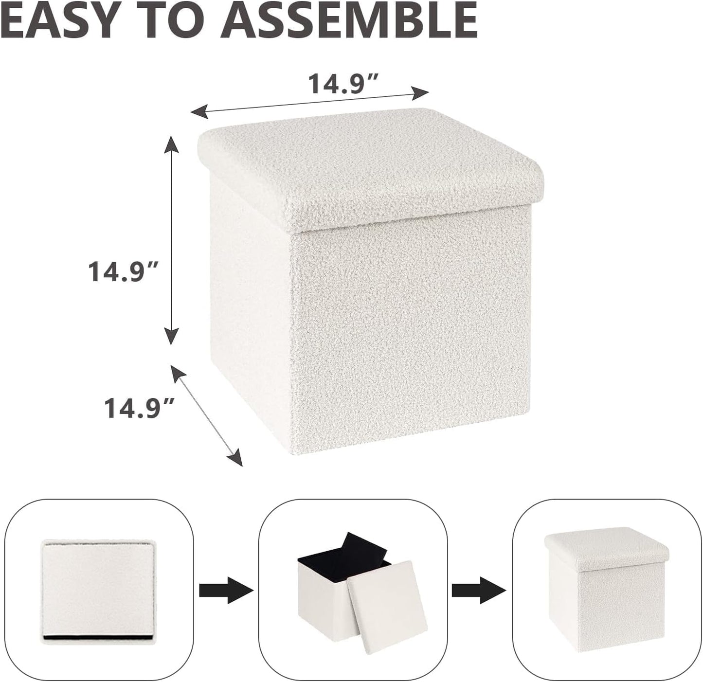 15 Inches Bedroom,15" 15" 15" Small Storage Ottoman - Square Ottoman with Sherpa Top,Storage Bench for L x W x H-White