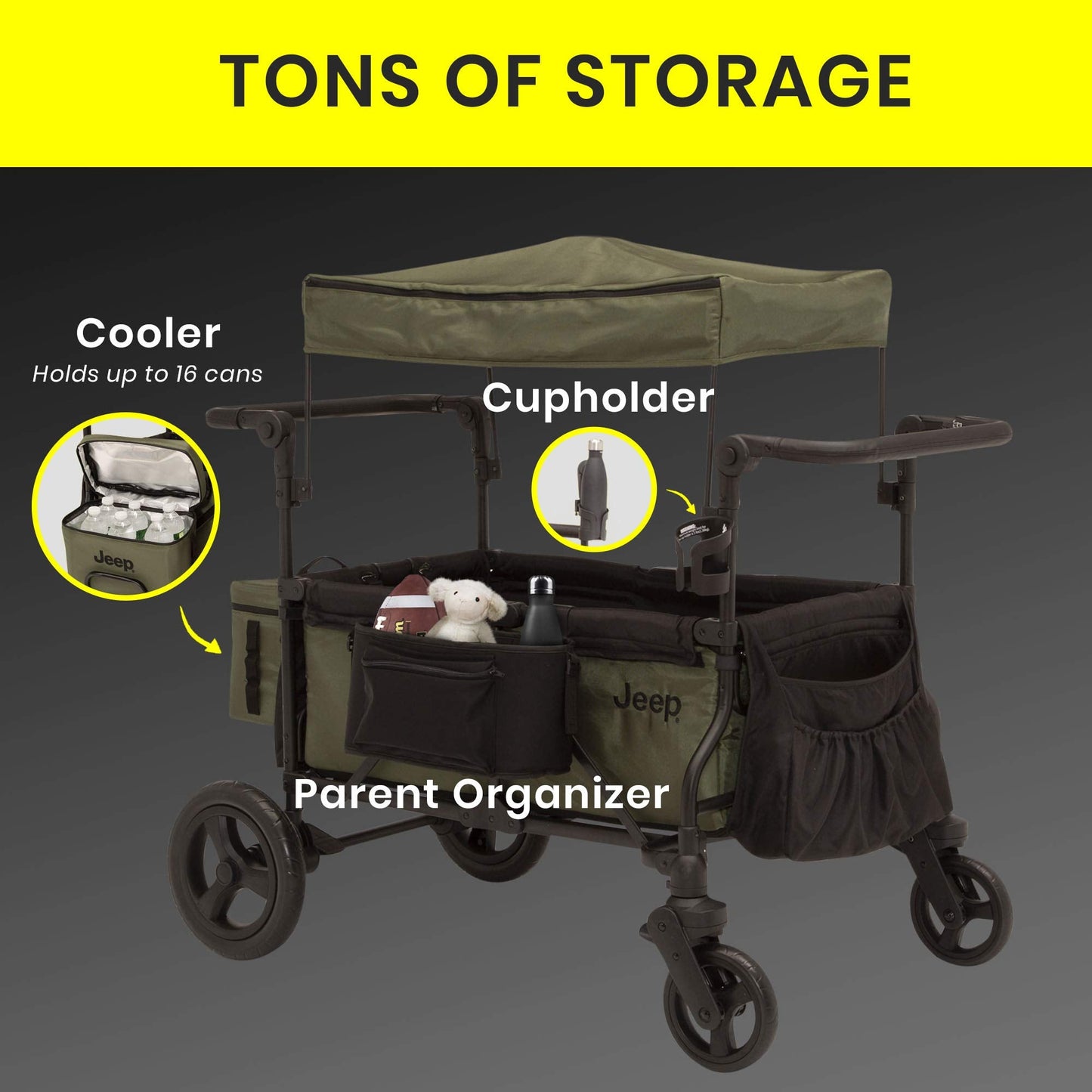 Jeep Deluxe Wrangler Stroller Wagon with Cooler Bag and Parent Organizer by Delta Children, Black/Green