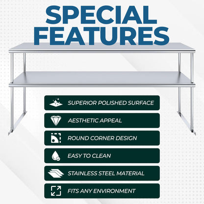 Express KitchQuip Stainless Steel Worktable with Double Overshelf – 48" x 12" | Heavy-Duty Commercial Prep Table Shelving | NSF Certified (48 in. Long x 12 in. Deep)