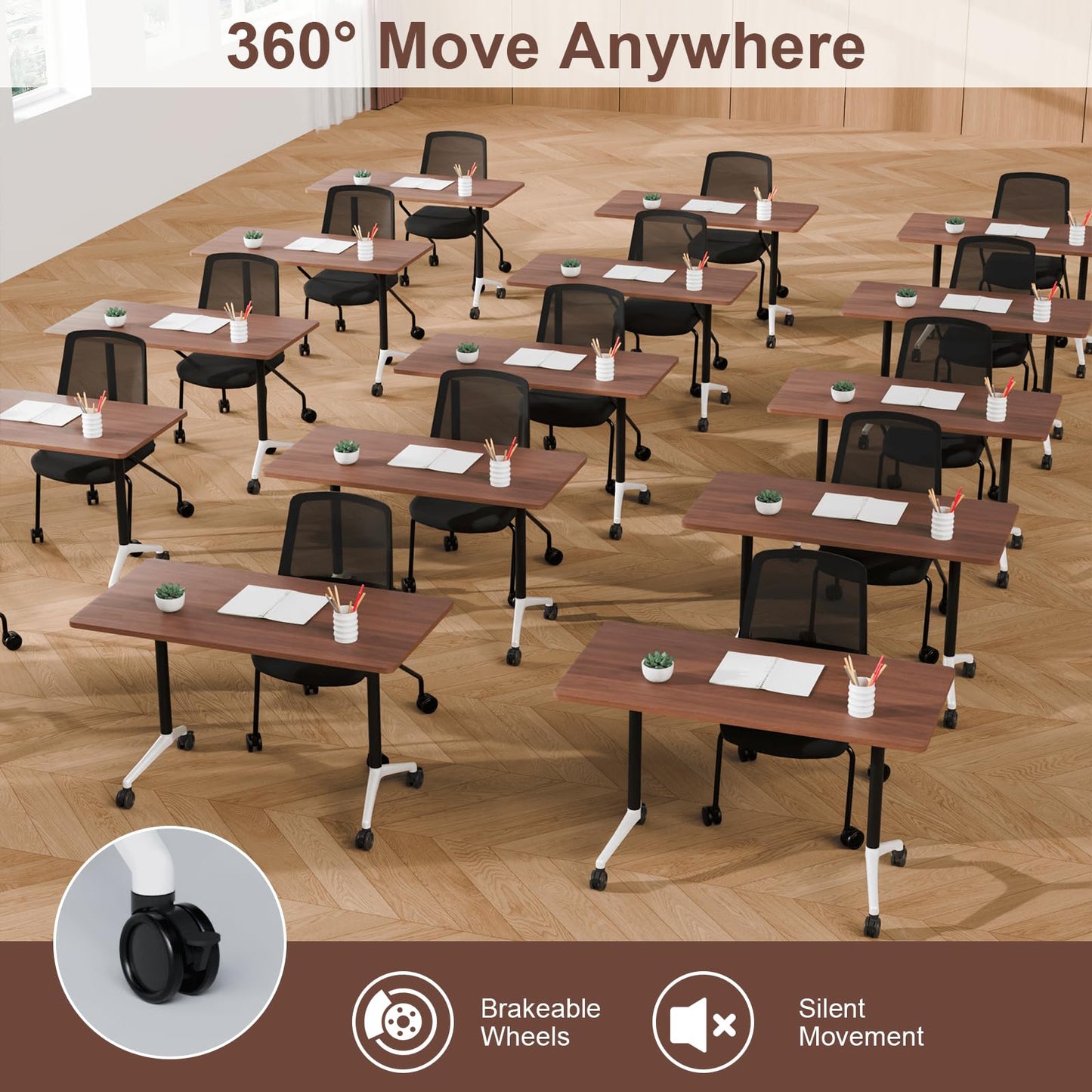 robwibw 63INCH Folding Conference Table On Wheels, 6 Pack Modular Walnut Rolling Conference Room Tables for 8-16 Person Training Table for Office Classroom(6, Walnut, 63 INCH)