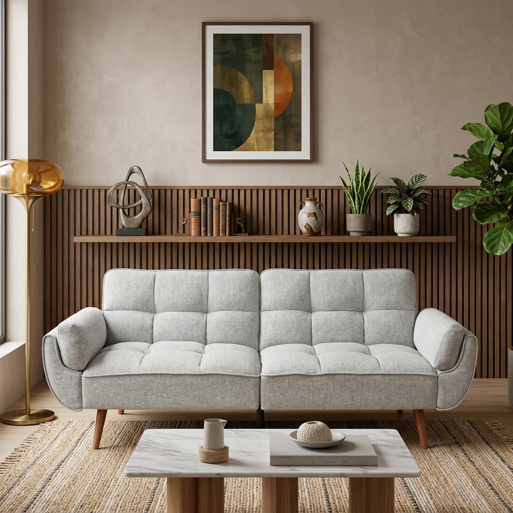 Trygoal Convertible Futon Sofa Bed, Modern Futon Couch with 2 Pillows, Small Futons Couch with Adjustable Armrest & Backrest, Loveseat Sofa Bed for Living Room, Bedroom, Gray
