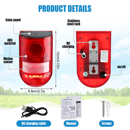 Qualirey Solar Sound and Light Alarm Motion Sensor 129db Outdoor Security Siren Waterproof Activated Detector Driveway Alarm 6 LEDs Flash Warning Deterrent Strobe System for Home, Farm(Red,12 Pack)