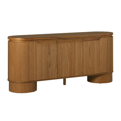 Walker Edison Maya Large Curved Modern Solid Oak Wood Veneer 70 Inch Sideboard TV Stand with Storage, Medium Brown Oak