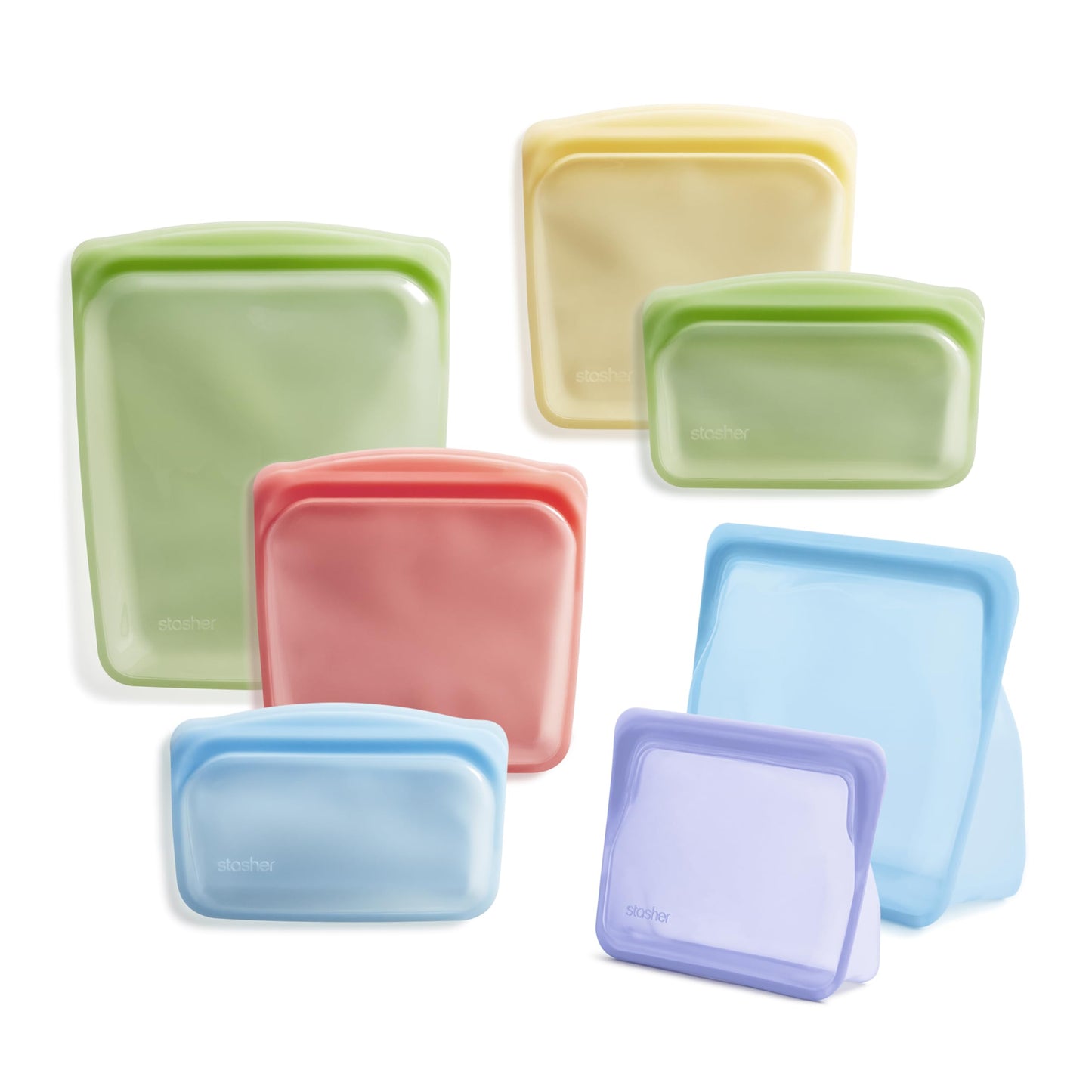 Stasher Premium Silicone Reusable Food Storage Bags, 7-Pack, Rainbow, Multi-Use Food Storage Bags, Lunch Bag, Travel Containers, BPA Free, Leak-free, Dishwasher-Safe, Eco-friendly