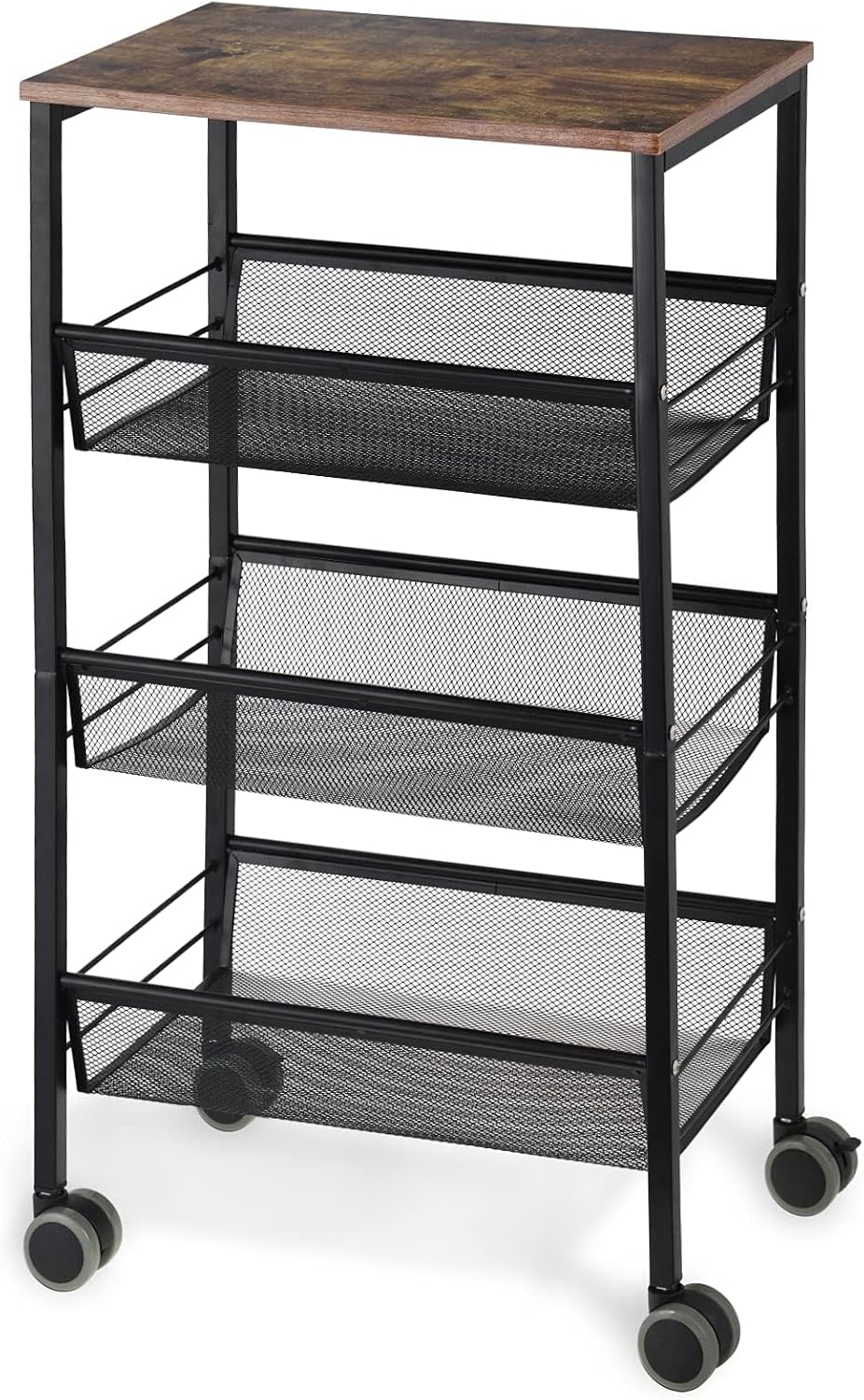 LIANTRAL Rustic Kitchen Storage Cart, 4 Tier on Wheels, Metal Mesh Pantry Cart with Lockable Wheels, Wood Look Top