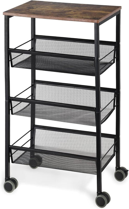LIANTRAL Rustic Kitchen Storage Cart, 4 Tier on Wheels, Metal Mesh Pantry Cart with Lockable Wheels, Wood Look Top